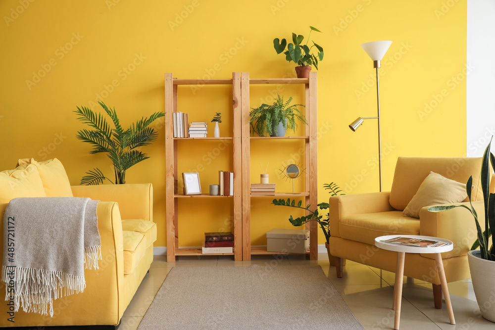 Interior of bright living room with wooden bookcase, sofa and armchair