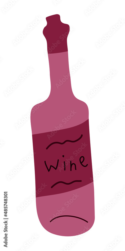 Painted abstract wine bottle with label and lettering in a trendy modern flat style, wine in a bottl