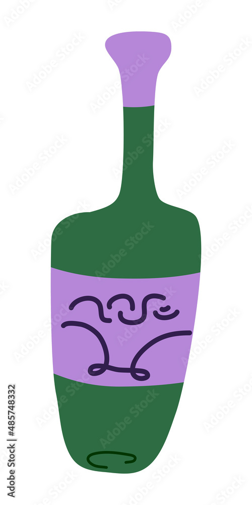 Painted abstract wine bottle with label and lettering in a trendy modern flat style, wine in a bottl