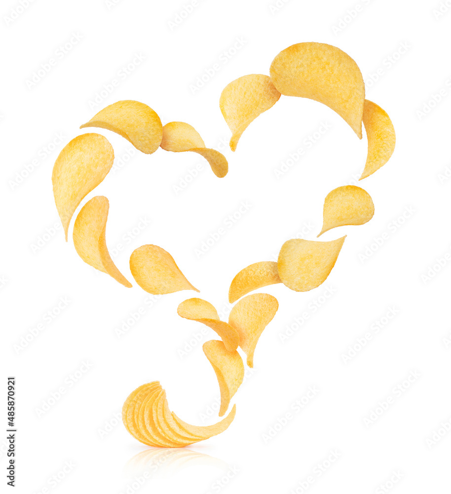 Potato chips in the air in the shape of a heart