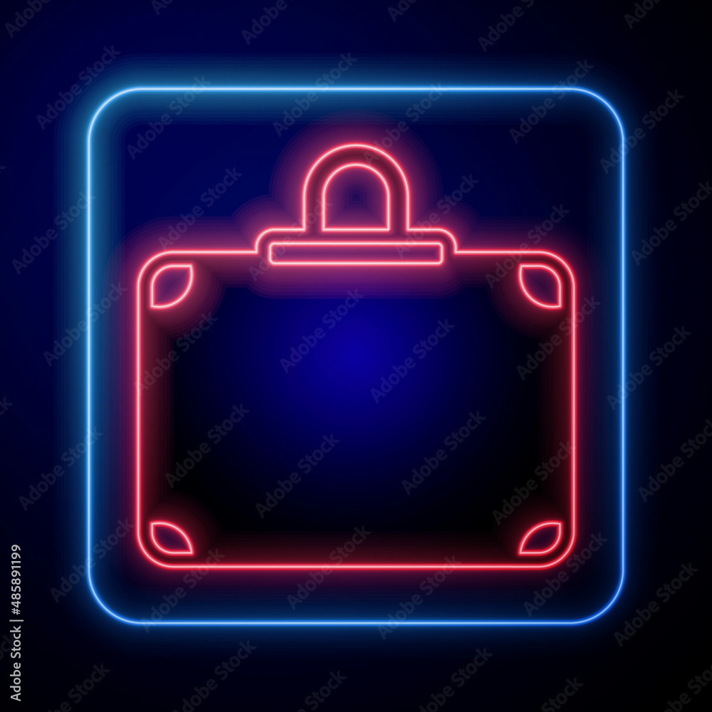 Glowing neon Suitcase for travel icon isolated on black background. Traveling baggage sign. Travel l