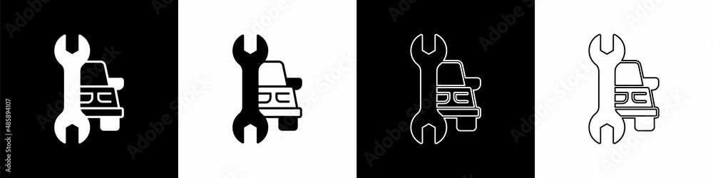 Set Car service icon isolated on black and white background. Auto mechanic service. Repair service a