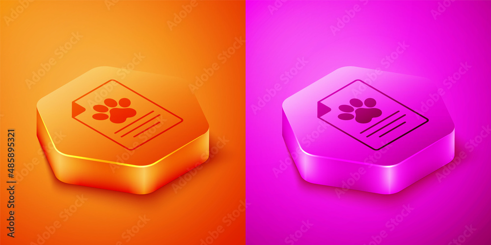 Isometric Clipboard with medical clinical record pet icon isolated on orange and pink background. He