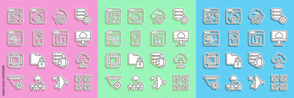 Set line Hierarchy organogram chart, Cloud computing lock, technology data transfer, Software, Diffe