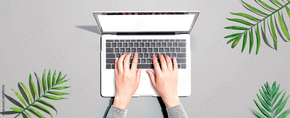 Person using a laptop computer with tropical leaves from above