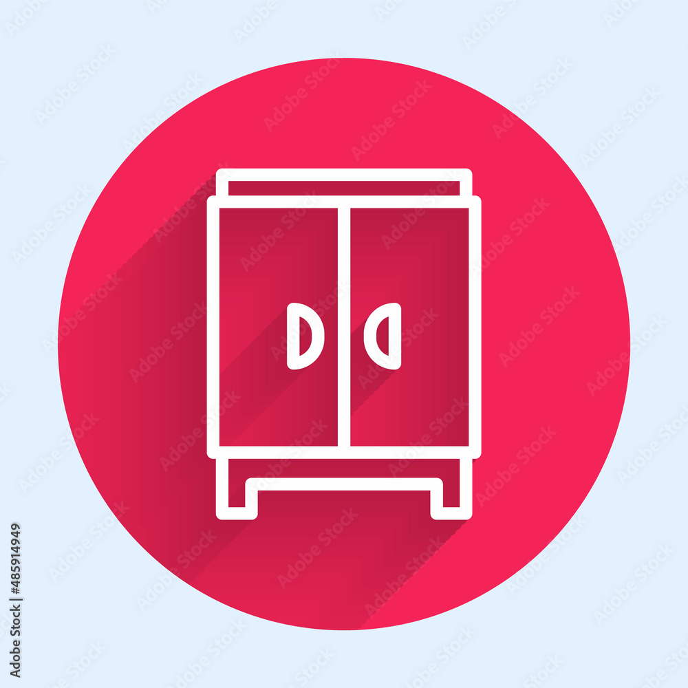 White line Wardrobe icon isolated with long shadow background. Cupboard sign. Red circle button. Vec