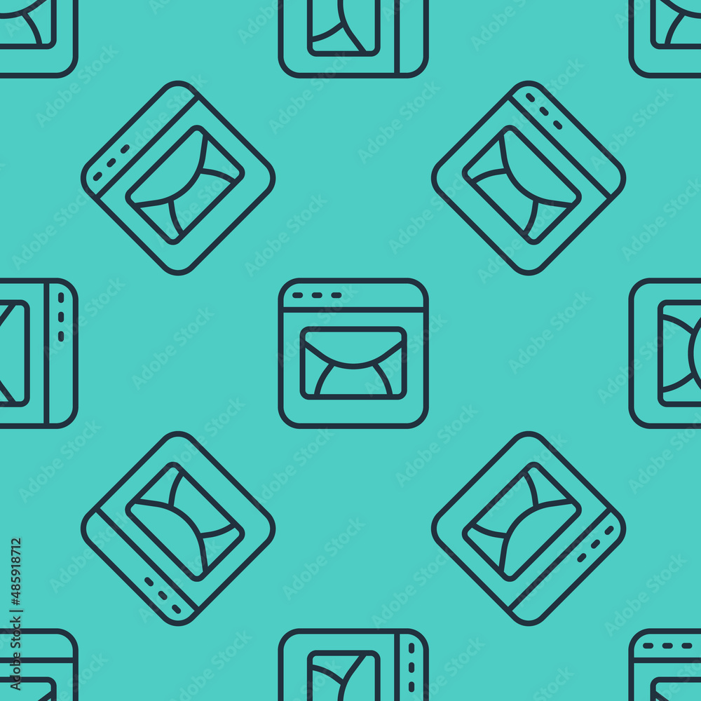 Black line Mail and e-mail icon isolated seamless pattern on green background. Envelope symbol e-mai