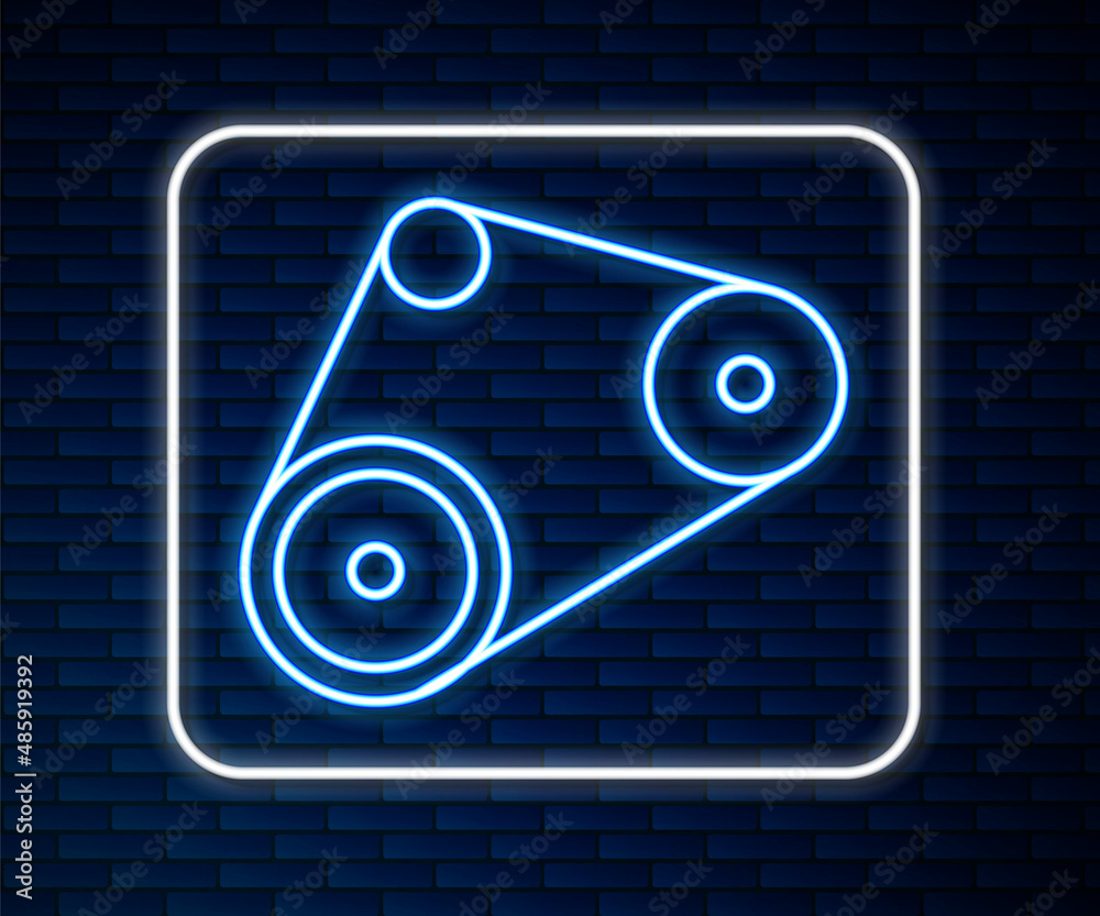 Glowing neon line Timing belt kit icon isolated on brick wall background. Vector