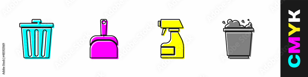 Set Trash can, Dustpan, Cleaning spray bottle and Bucket with foam icon. Vector