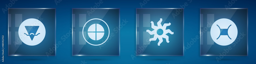 Set Earth element, globe, Sun and Gemini zodiac. Square glass panels. Vector