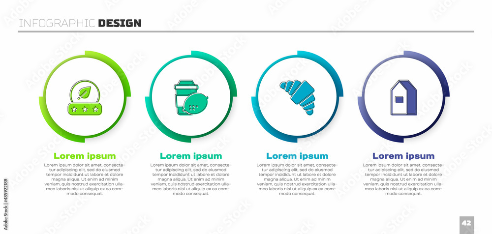 Set Tea leaf, Cup of tea with lemon, Croissant and Paper package for milk. Business infographic temp