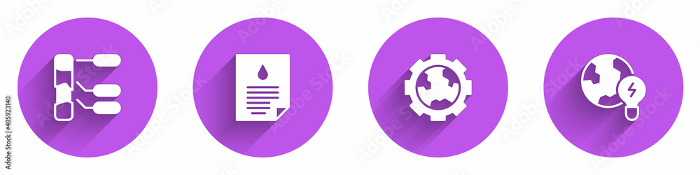 Set Soil analysis, Oil drop document, Gear wheels and earth and Global planet with bulb icon with lo