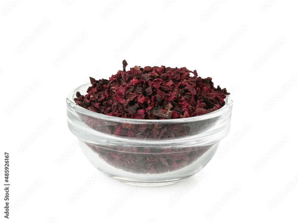 Bowl of dried hibiscus on white background