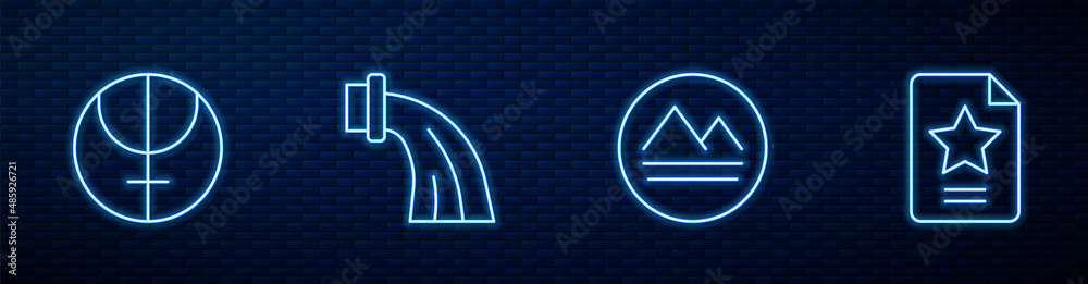 Set line Earth element, Neptune planet, Aquarius zodiac and Star constellation. Glowing neon icon on