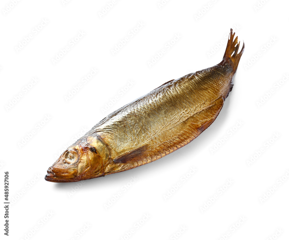 Smoked herring fish on white background