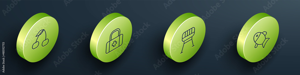 Set Isometric line Cherry, First aid kit, Barbecue grill and Fish icon. Vector