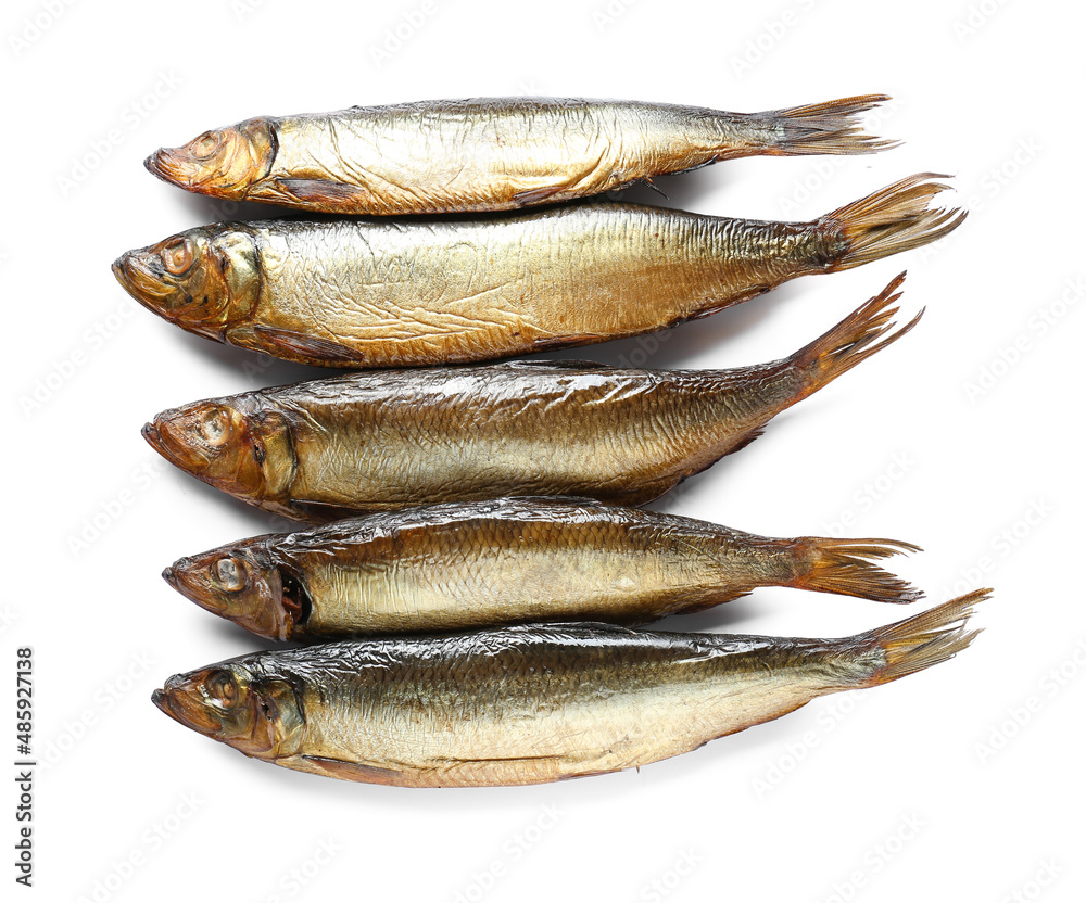 Smoked herring fishes on white background