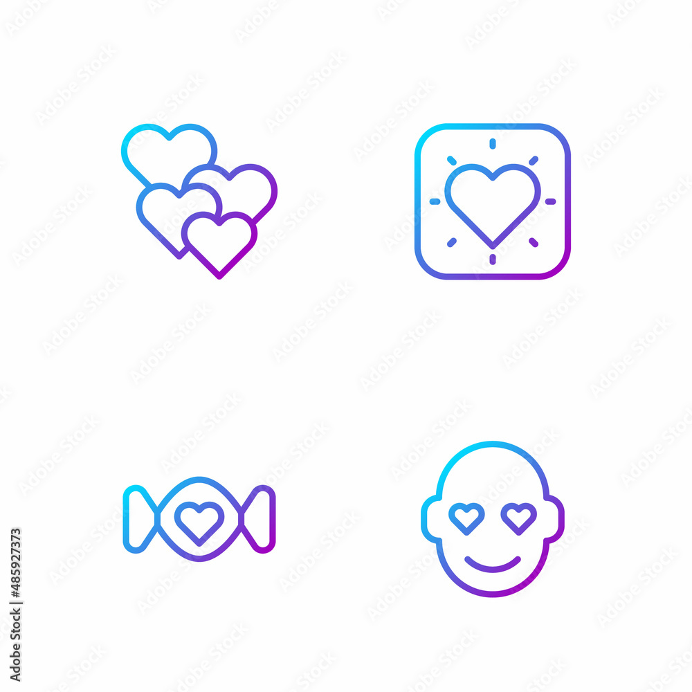 Set line Romantic man, Candy, Heart and . Gradient color icons. Vector