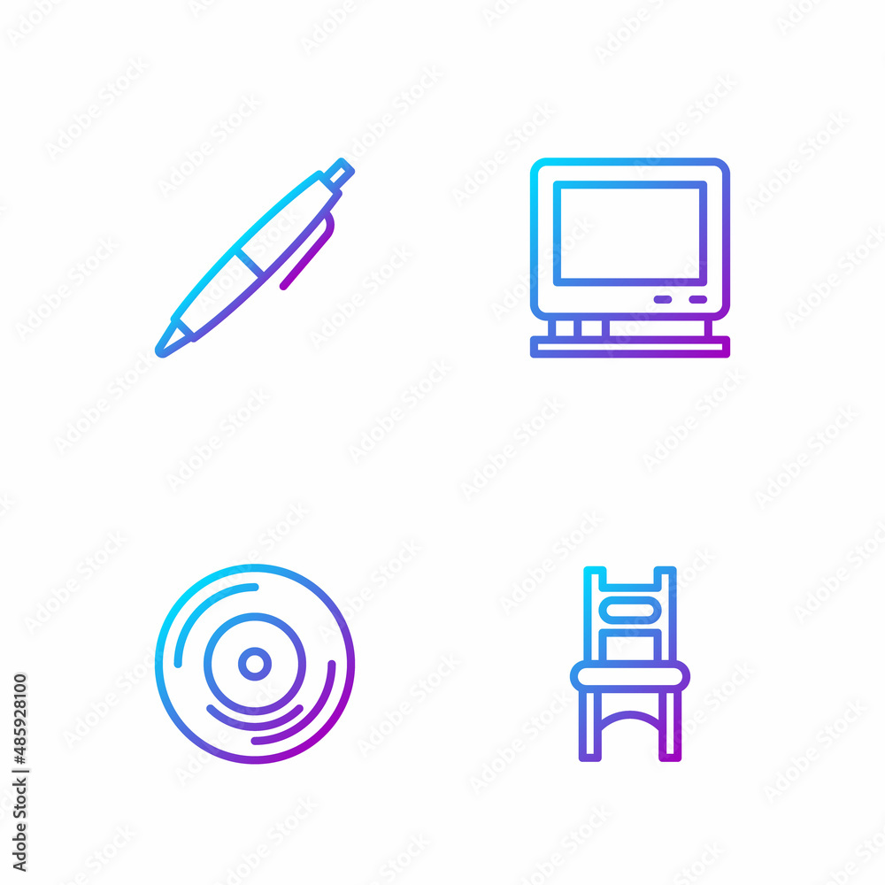 Set line Chair, Vinyl disk, Pen and Retro tv. Gradient color icons. Vector