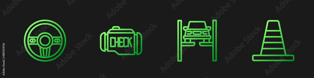 Set line Repair car on lift, Steering wheel, Check engine and Traffic cone. Gradient color icons. Ve