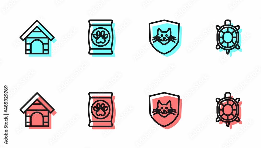 Set line Animal health insurance, Dog house, Bag of food for pet and Turtle icon. Vector