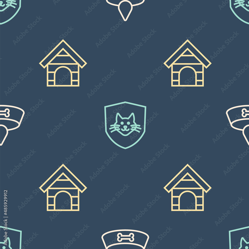 Set line Pet food bowl for cat or dog, Dog house and Animal health insurance on seamless pattern. Ve