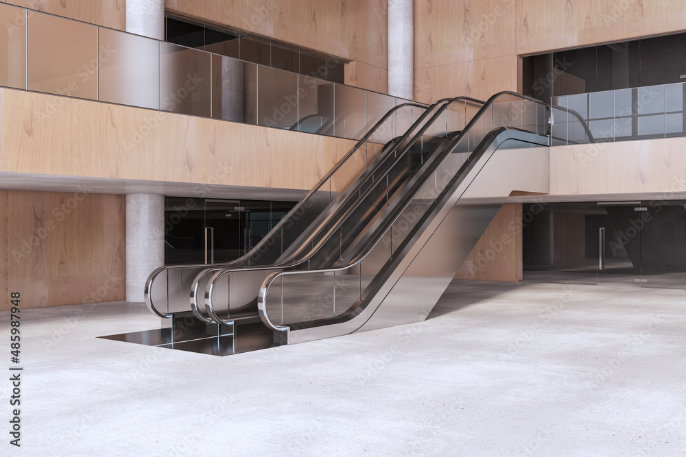 Light wooden and concrete empty shopping mall interior with escalator. Large public interiors concep