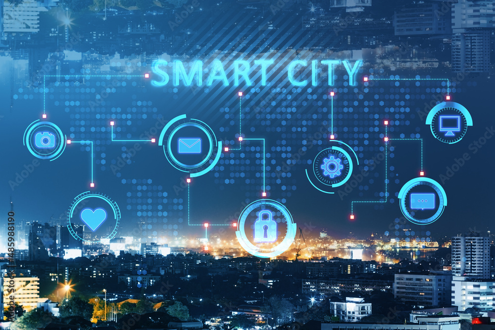 Creative glowing smart city backdrop with digital hologram and dark night sky. AI and technology con