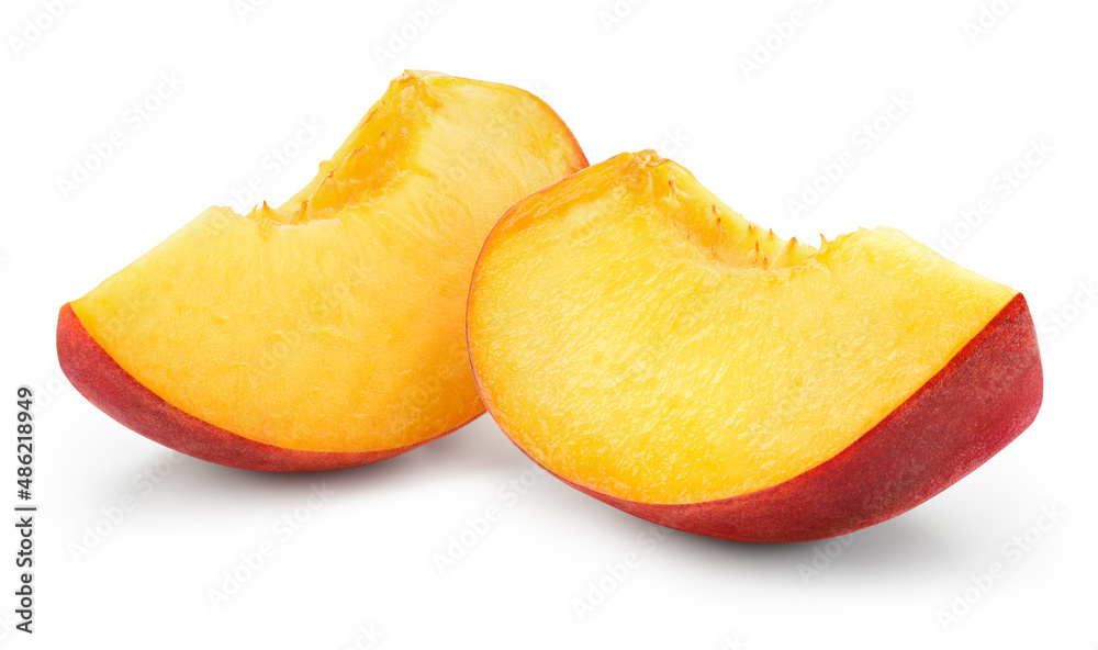 Peach slice isolated. Peach slices on white background. Peaches with clipping path.