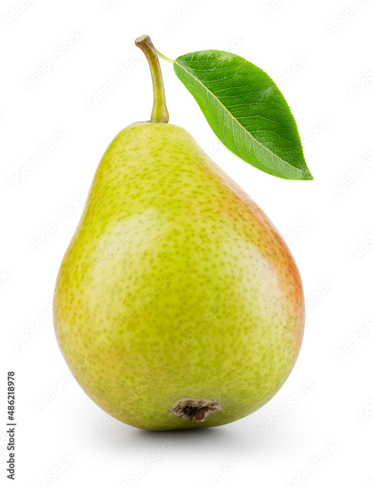 Pear isolated. One green pear with red side on white background. Green pear with leaf. With clipping