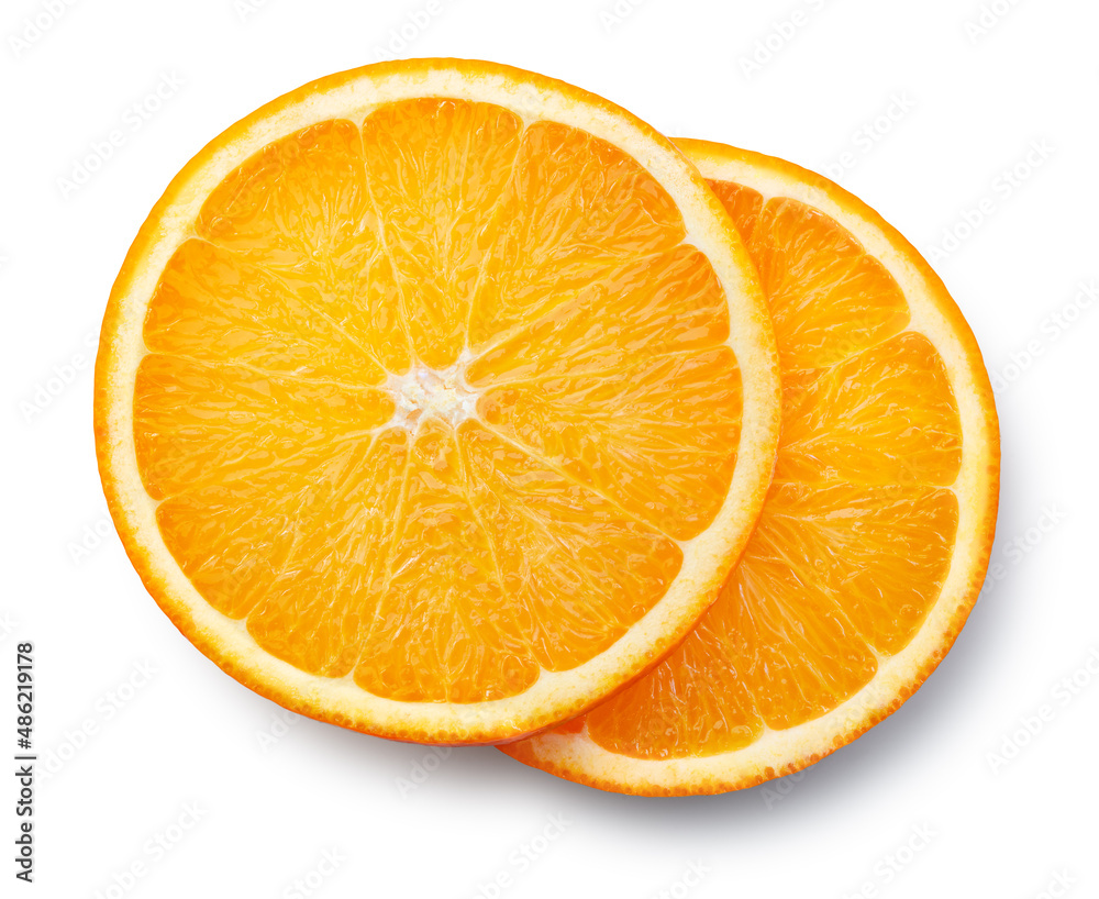 Orange slice isolated top view. Orang round slices flat lay on white background. High angle view. Fu