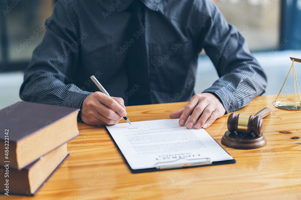 Judge gavel with Justice lawyers, Businessman in suit or lawyer working on a documents. Legal law, a