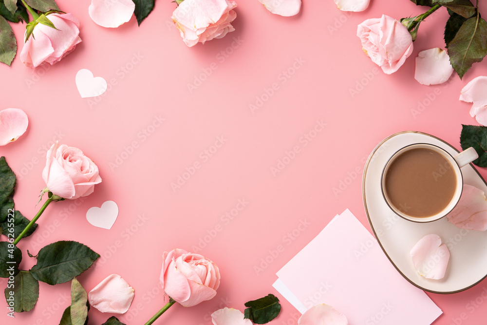 Valentines Day design concept background with pink rose flower and milk tea on pink background.