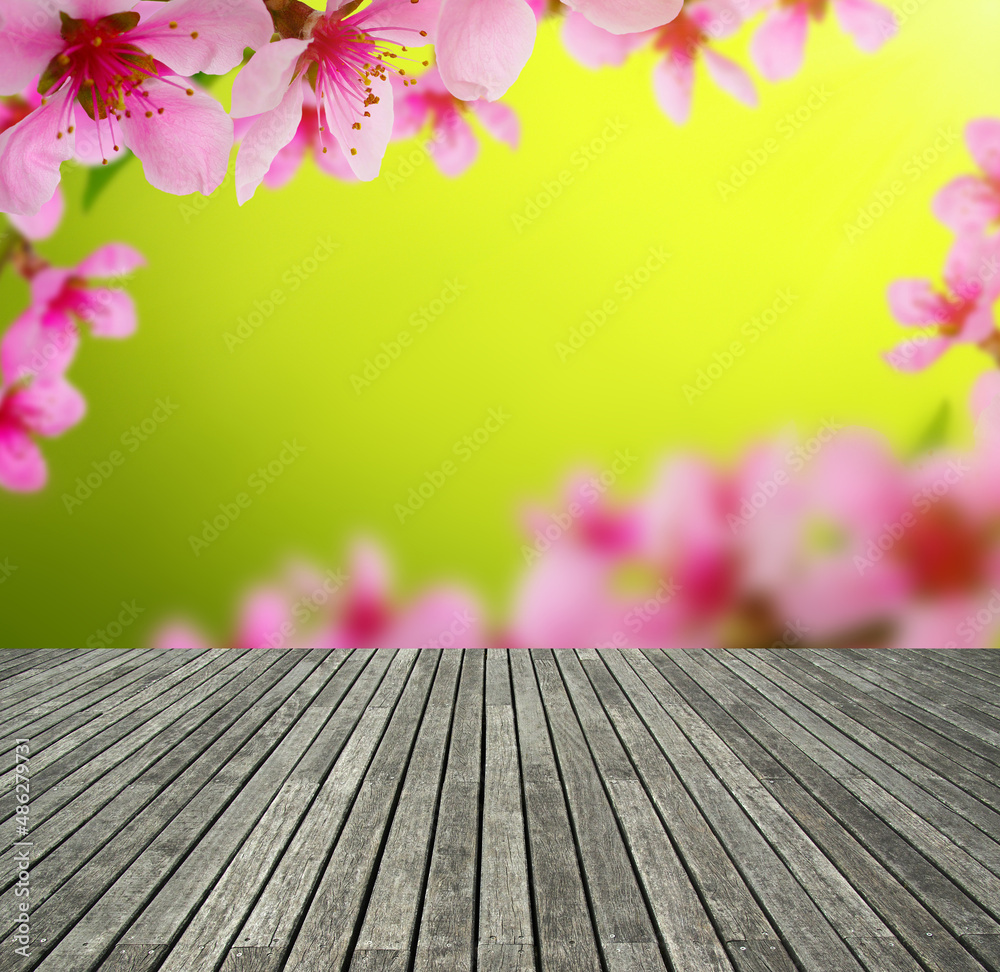 wooden table spring blossom