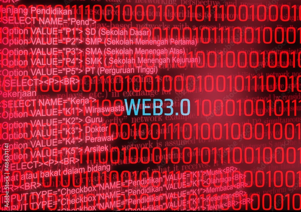 屏幕上的二进制代码和WEB3.0单词，新的去中心化互联网，智能合约和数字所有者