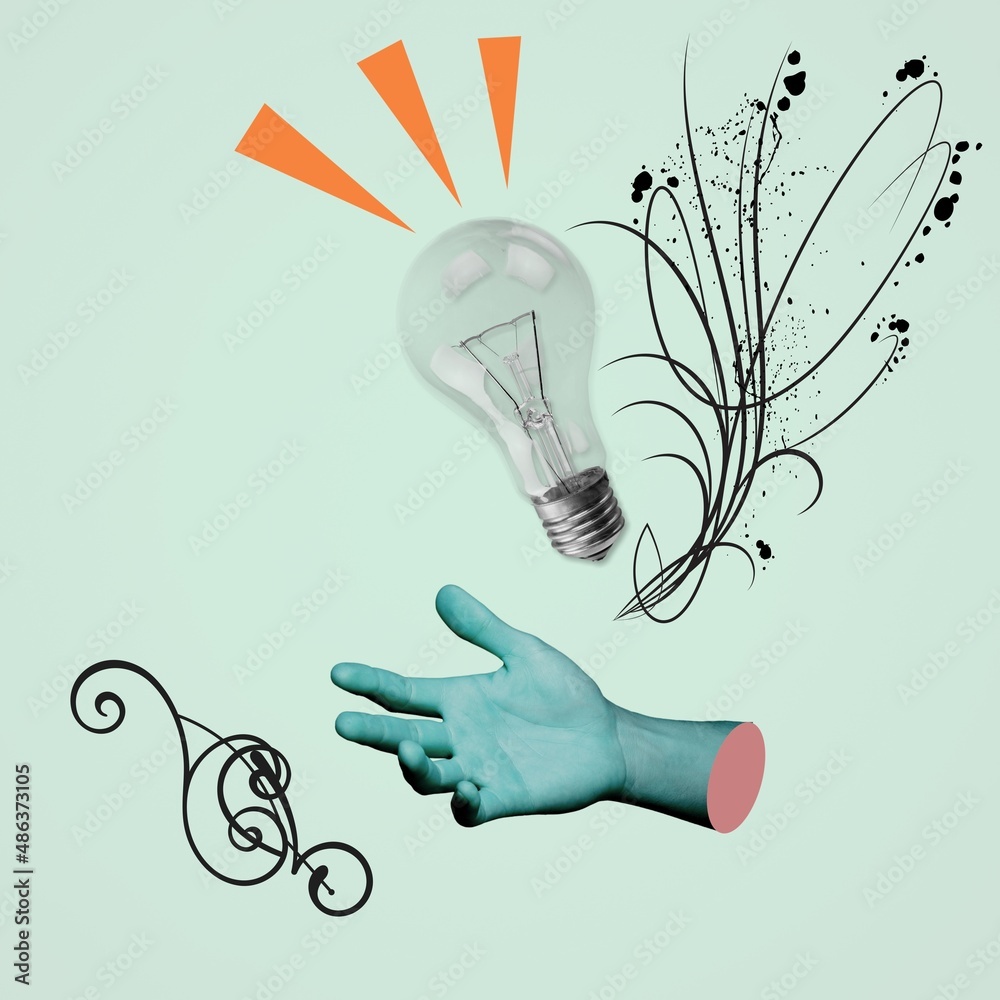 Got an idea. Contemporary art collage with human hand and light bulb expressing