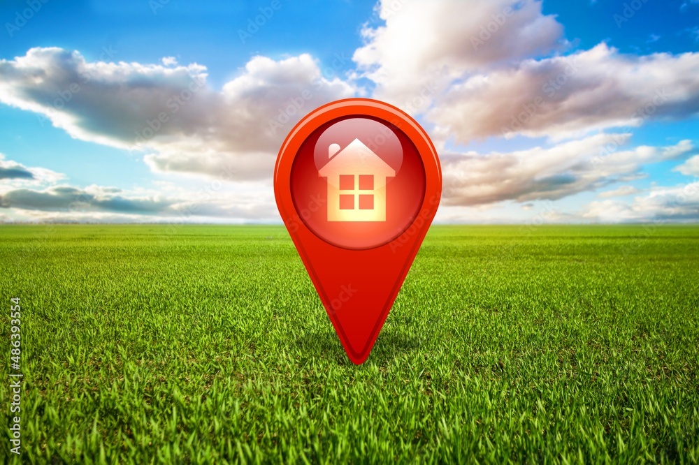 House symbol with location pin icon on earth in real estate sale or property investment concept,