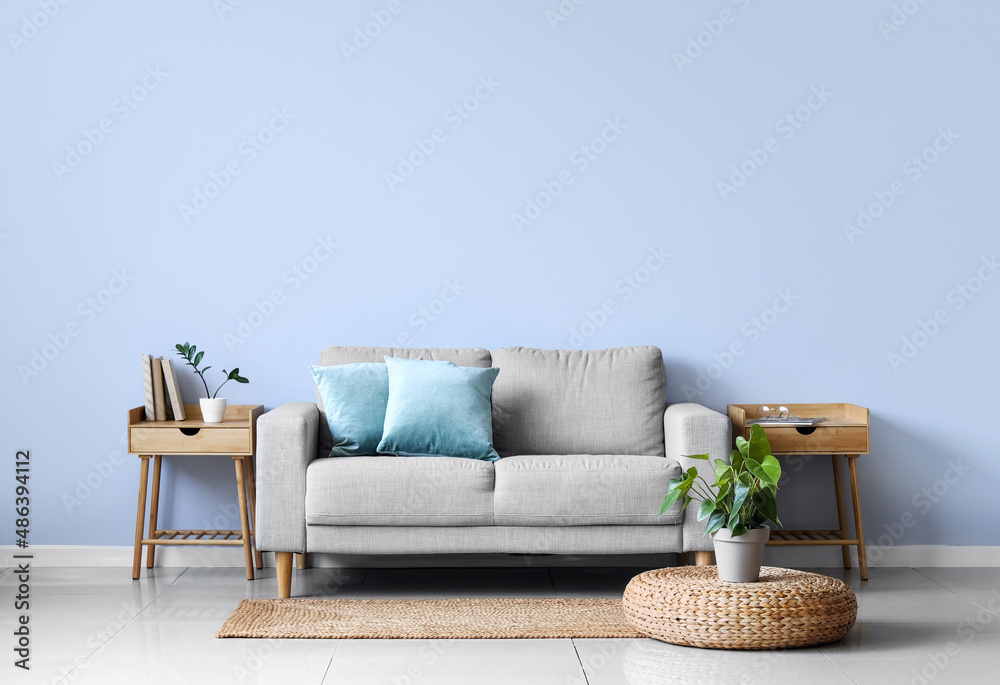 Interior of light living room with sofa, wooden tables and houseplants