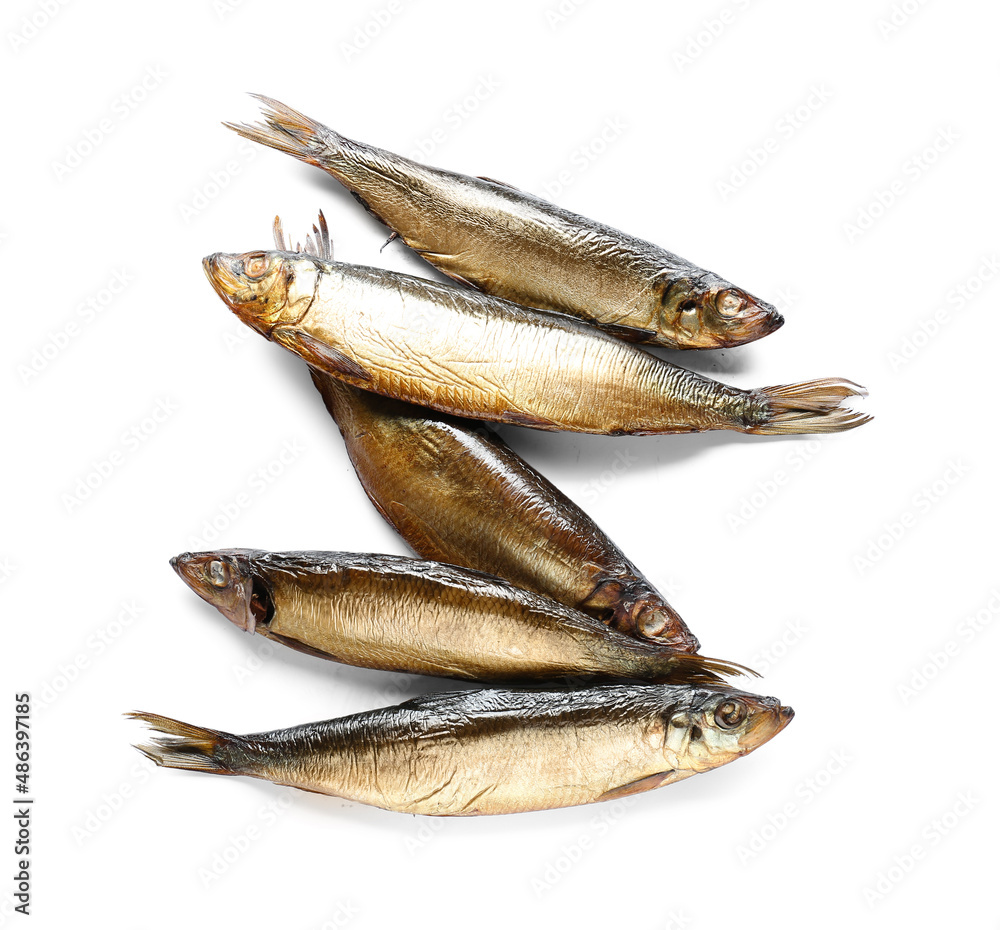 Smoked herring fishes on white background