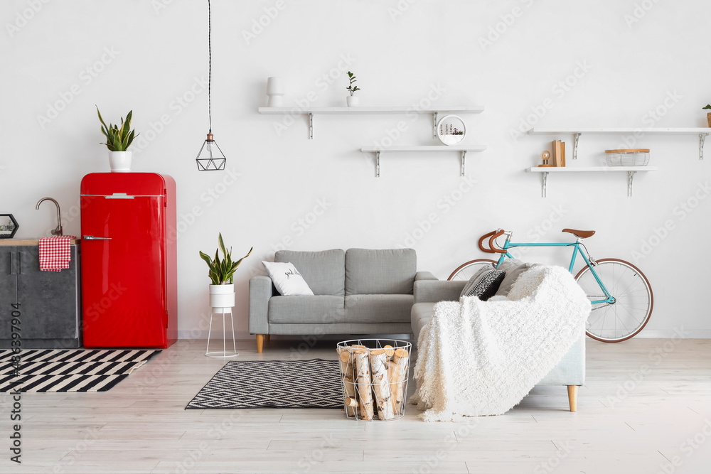 Interior of modern kitchen with counters, sofas and red fridge