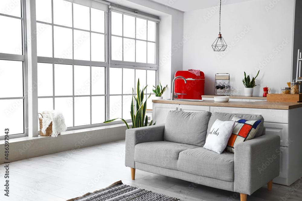 Interior of modern kitchen with red fridge, counters and sofa