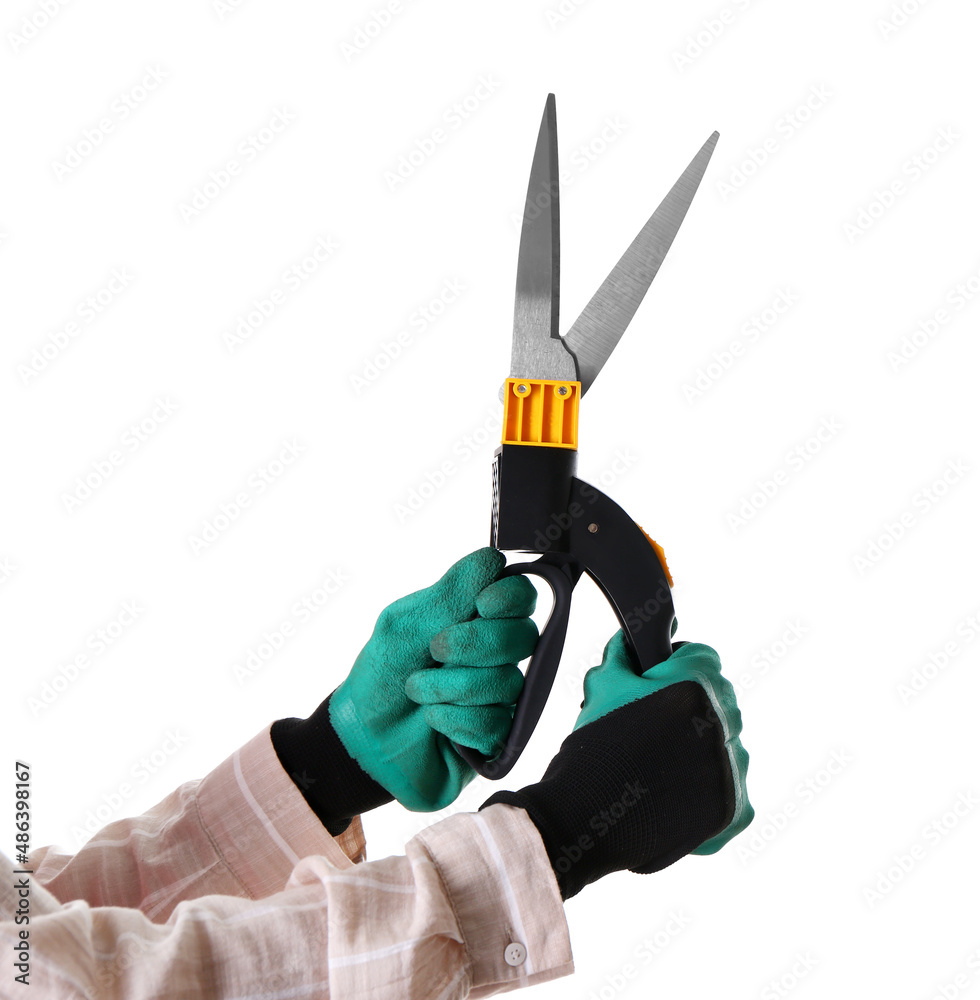 Female gardener with pruner on white background