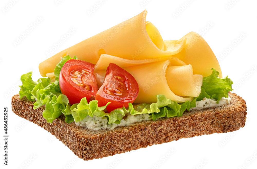 Gouda cheese slices on rye bread isolated on white background, top view