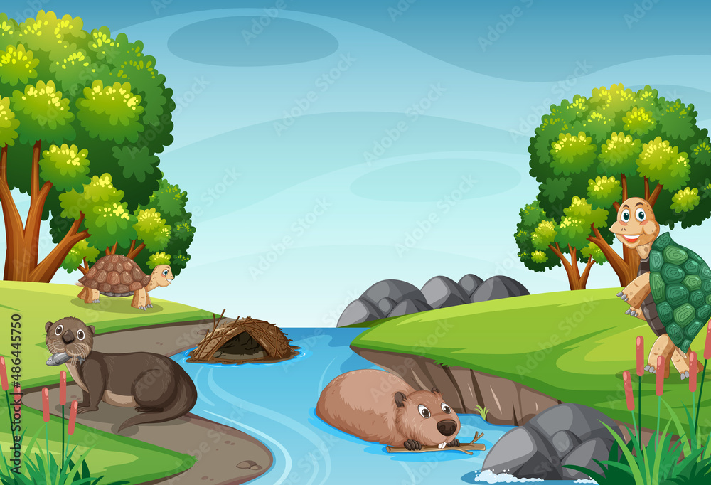 River in the forest scene with wild animals