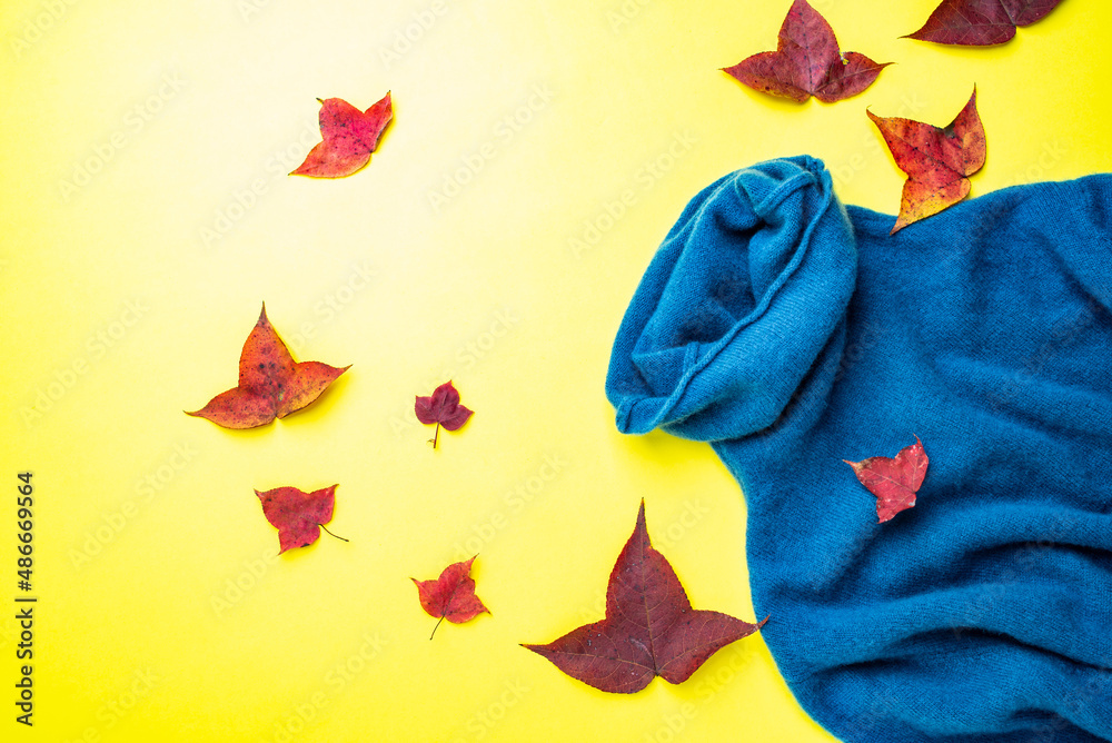 A cashmere sweater and maple leaves on a yellow background