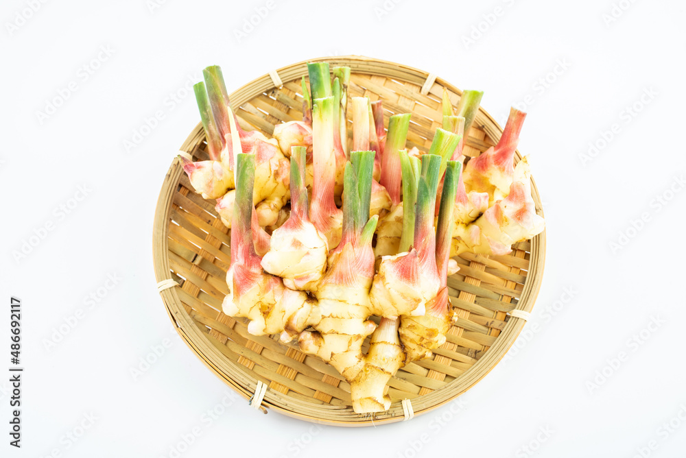 Bamboo sieve filled with fresh tender ginger