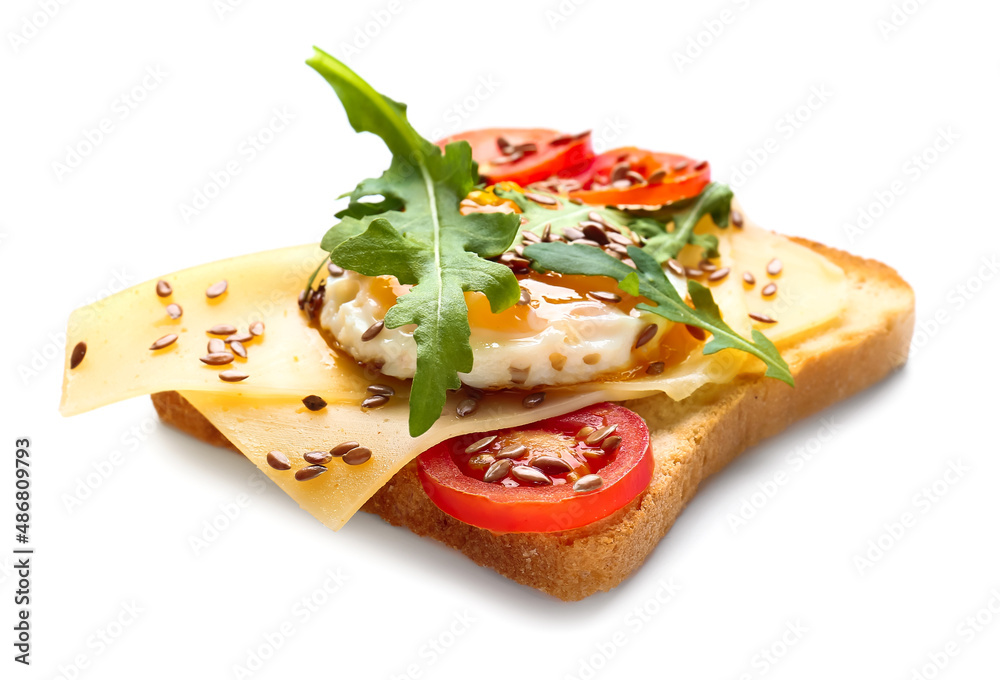 Tasty toast with eggs and flax seeds on white background