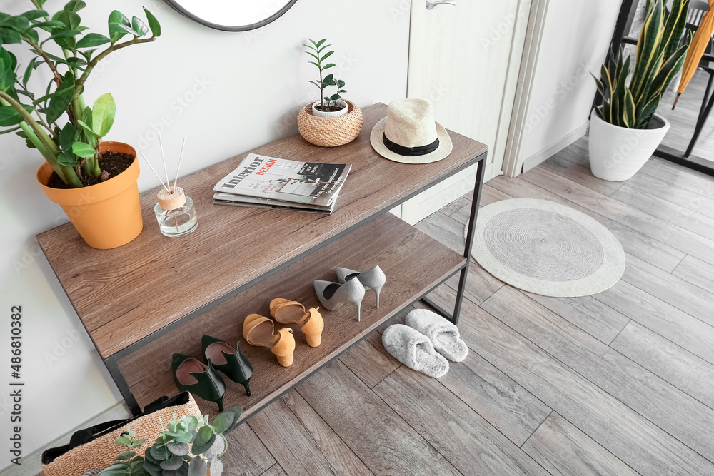 Houseplants, reed diffuser, hat and shoes on shelves in hallway