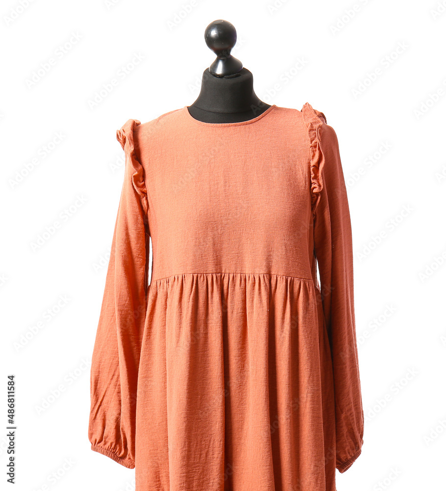 Mannequin with trendy dress on white background, closeup