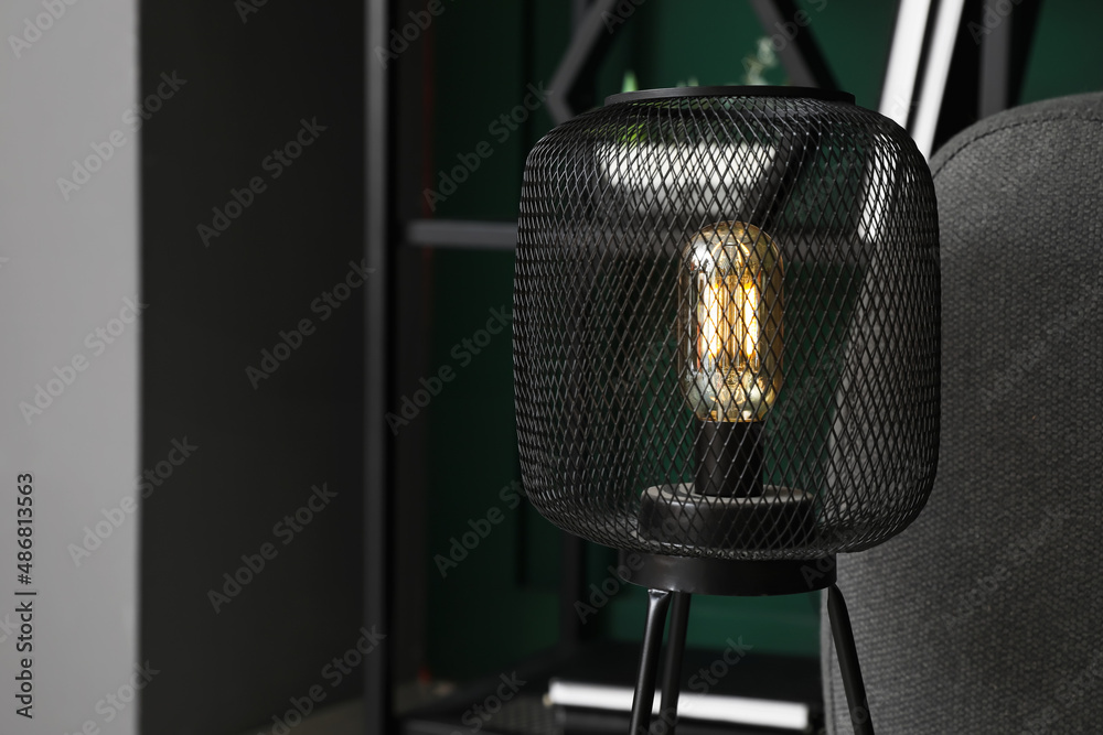 Black lamp near sofa in living room, closeup